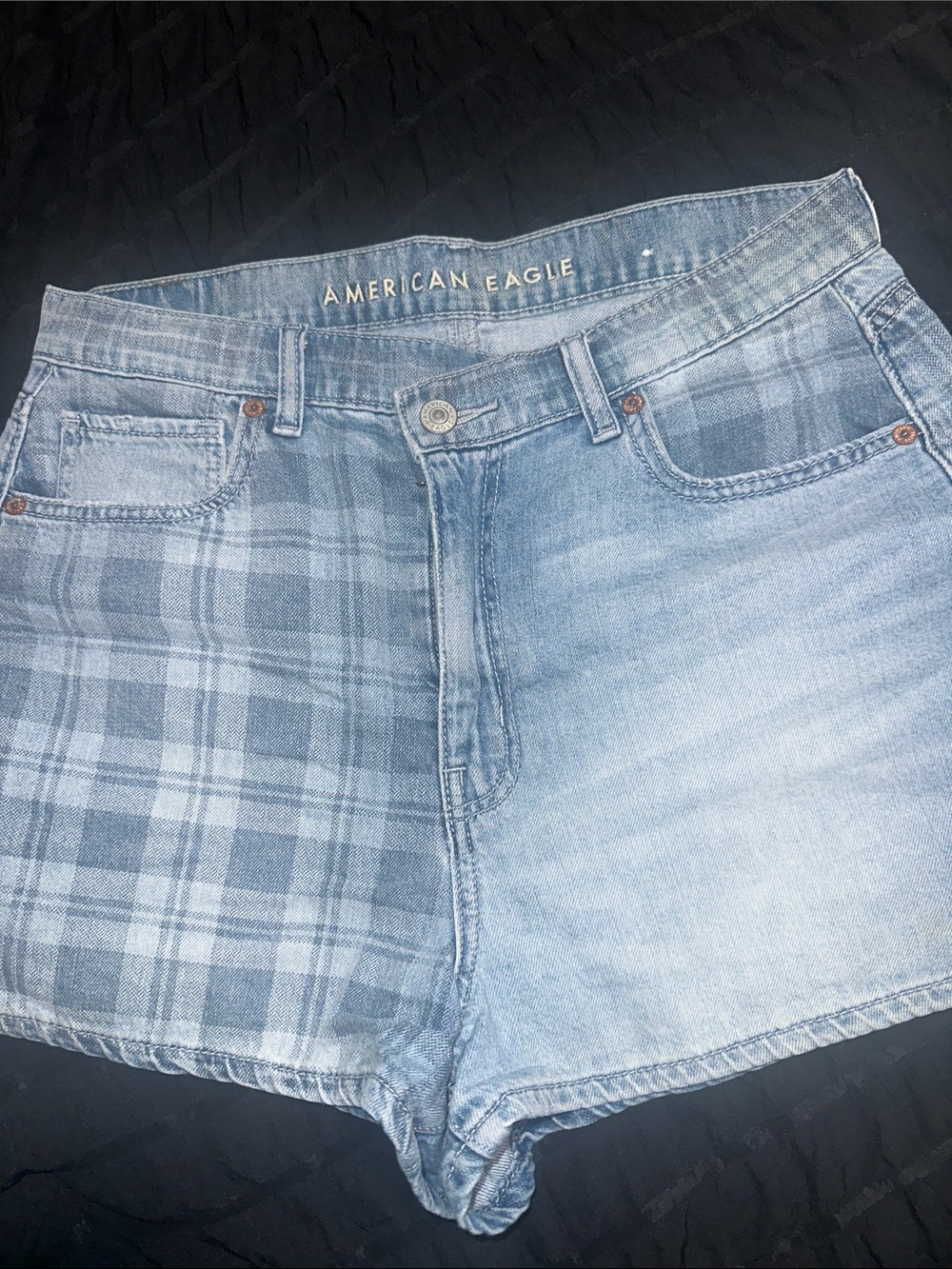 American Eagle Outfitters Light Blue Plaid + Washed Denim Shorts sz 8